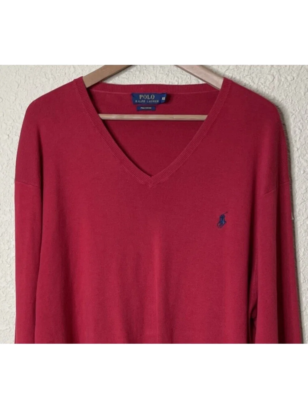 Polo Ralph Lauren Red Pima Cotton V-Neck Pullover Sweater Men's XXL Pony